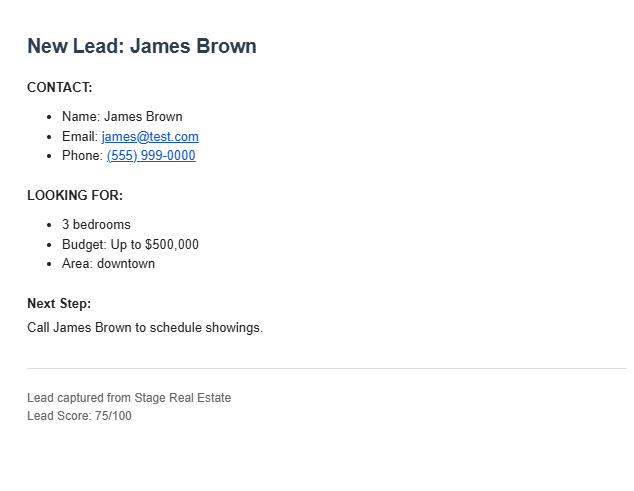 Agent email notification with buyer qualification details